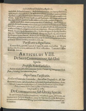 Articulus VIII. De Sacra Communione, sub Una Specie.