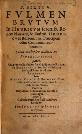 P. Sixti V. Fulmen brutum in Henricum ... regem Navarrae evibratum
