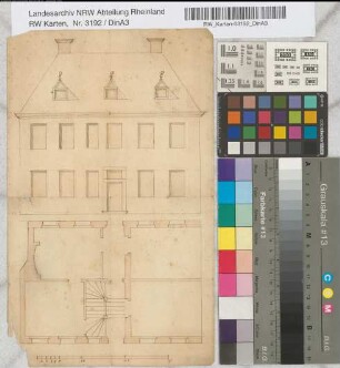 [Grundriß und Vorderansicht eines Wohnhauses].