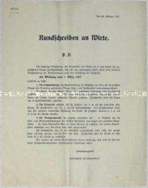 Entwurf eines Rundschreibens mehrerer Brauereien an Gastwirte zur Erhöhung der Ausschankpreise