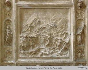 Gipsabguss von Ghibertis Paradiestüren des Florentiner Baptisteriums : Sauls Krieg mit David und Goliath