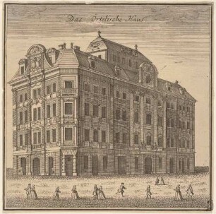 Das Barockpalais Romanushaus (auch Örtelsches Haus, „Richtersches Café“ und „Dufours Haus“) Ecke Brühl/Katharinenstraße in Leipzig, aus dem Bilderbogen Urbis Lipsiae/Scenographiae Lipsiacae von Scheffler bei Homanns Erben 1749, Blatt 2
