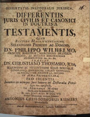 Dissertatio inauguralis iuridica de differentiis iuris civilis et canonici in doctrina de testamentis
