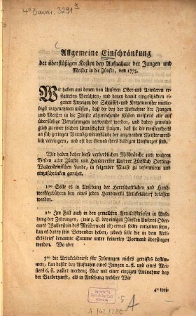 Allgemeine Einschränkung der überflüßigen Kosten bey Aufnahme der Jungen und Meister in die Zünfte, von 1775.