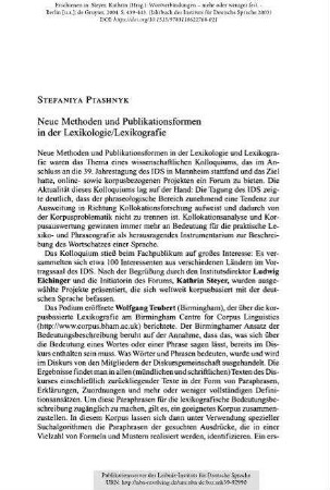 Neue Methoden und Publikationsformen in der Lexikologie/Lexikografie