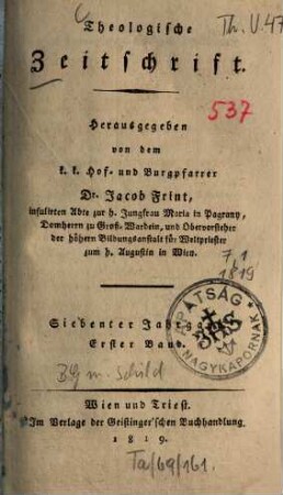 Theologische Zeitschrift. 7,1. 1819