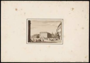 Ansicht vom Schlossplatz in Dresden, sepiagetönte Umrissradierung, um 1821 : Der Schlossplatz zu Dresden / [gefertigt von Adrian Zingg]. - Nicht ermittelbar , [ca. 1821]. - 1 Kunstblatt : sepiagetönte Umrißradierung ; 9 x 13 cm // autographer Rückentitel