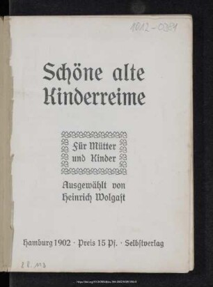 Schöne alte Kinderreime : für Mütter und Kinder