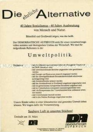 Wahlflugblatt des Demokratischen Aufbruchs zur Umweltpolitik
