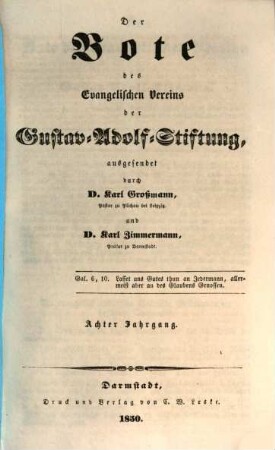 Der Bote des Evangelischen Vereins der Gustav-Adolf-Stiftung. 8. 1850