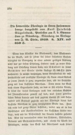 378-391 "Die homerische Theologie in ihrem Zusammenhange dargestellt" von Karl Friedrich Nägelsbach