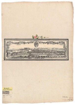 Ansicht der Stadt Pirna über die Elbe gesehen, Kupferstich, um 1750? : Floreat Senatus Civitasque Pirnensis. - Pirna : Christian Gottlieb Geißler , [um 1750?]. - 1 Kunstbl. : Kupferst. ; 34 x 9 cm