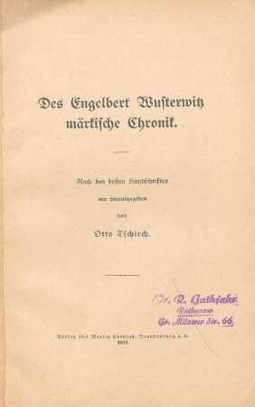 Des Engelbert Wusterwitz märkische Chronik