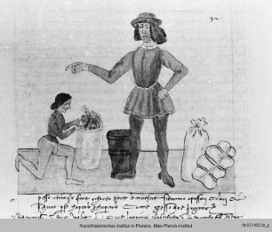 Handschrift : Buchseite mit Text und Miniatur: Kaufmann (?)