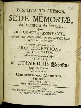 Disputatio Physica, De Sede Memoriae, Ad mentem Aristotelis
