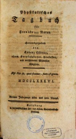 Physikalisches Tagbuch für Freunde der Natur. 3, 1/2. 1786