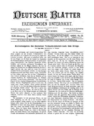 Kulturaufgaben des deutschen Volksschullehrers nach dem Kriege : (Schluß)