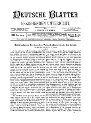 Kulturaufgaben des deutschen Volksschullehrers nach dem Kriege : (Schluß)