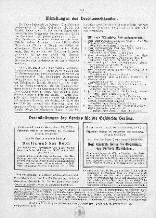 Mitteilungen des Vereinsvorsitzenden