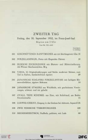 Zweiter Tag: Freitag, den 30. September 1932, im Franz-Josef-Saal, Beginn um 3 Uhr (Nr. 301-610)