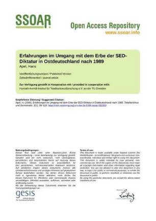Erfahrungen im Umgang mit dem Erbe der SED-Diktatur in Ostdeutschland nach 1989