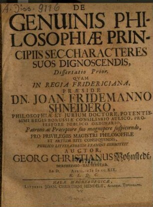 De Genuinis Philosophiae Principiis Sec. Characteres Suos Dignoscendis, Dissertatio Prior