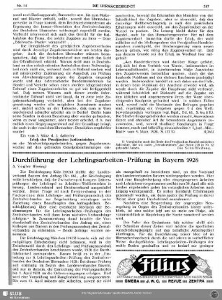 Durchführung der Lehrlingsarbeiten-Prüfung in Bayern 1928