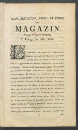 Plan, Elevation, Profil Et Coupe d'un MAGAZIN Nouvellement inventé À L'usage du Bien Public
