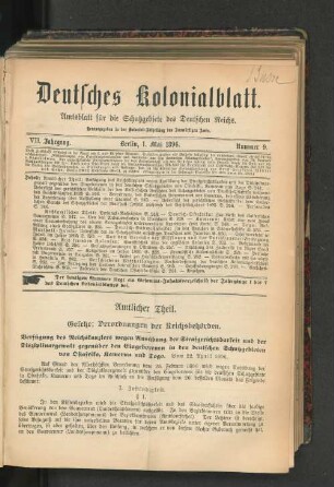 Verfügung des Reichskanzlers wegen Ausübung der Strafgerichtsbarkeit und der Disziplinargewalt gegenüber den Eingeborenen in den deutschen Schutzgebieten von Ostafrika, Kamerun und Togo.