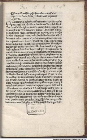 Oratio coram Calixto papa tertio de oboedientia Friderici tertii imperatoris, 1455