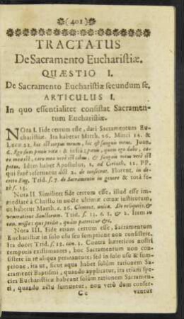 Articulus I. In quo essentialitet consistat Sacramentum Eucharistiae.