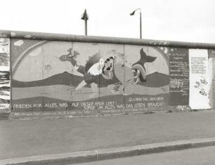 Frieden für alles, was auf dieser Erde lebt : Berliner Mauer (East side gallery). Frieden für alles, was auf dieser Erde lebt (Bild 10). Graffito (1990; U. Wünsch). Berlin, Mühlenstraße