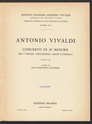 Concerto in Si minore per 4 violini, violoncello, archi e cembalo : F IV n. 10