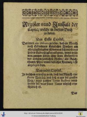 Register unnd Innhalt der Capitel / welche in diesem Buch zu finden.