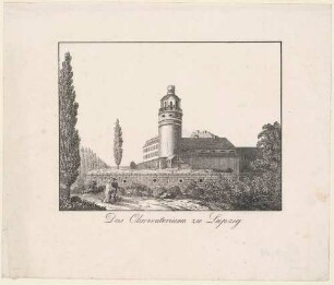 Das Schloss Pleißenburg in Leipzig mit der Sternwarte (Observatorium) von Osten