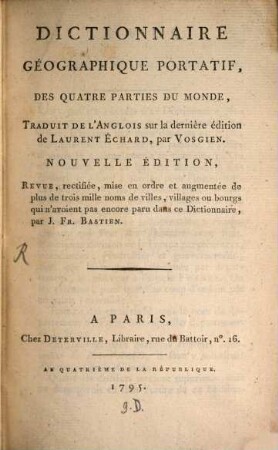 Dictionnaire Géographique Portatif Des Quatres Parties Du Monde