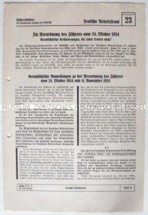 Informationsblatt der NSDAP-Gauleitung Sachsen (Deutsche Arbeitsfront) zur "Verordnung des Führers" über die DAF