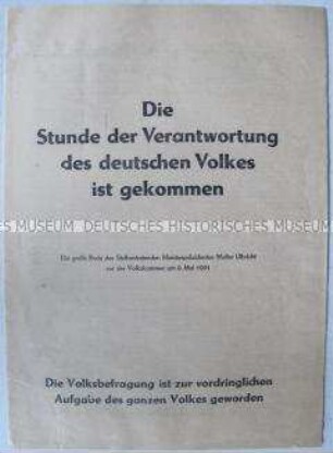 Sonderdruck mit dem Text der Rede von Walter Ulbricht vor der Volkskammer zur Volksbefragung gegen die Remilitarisierung und für den Abschluss eines Friedensvertrages