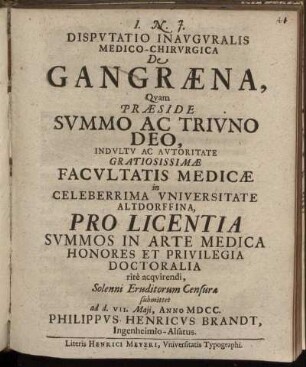 Disputatio Inauguralis Medico-Chirurgica De Gangraena