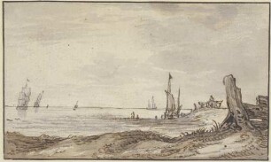Meeresstrand mit ruhiger See, rechts im Mittelgrunde hält ein Wagen, sieben Segel in Sicht