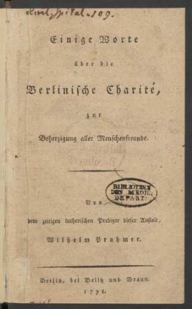 Einige Worte über Berlinische Charité : zur Beherzigung aller Menschenfreunde