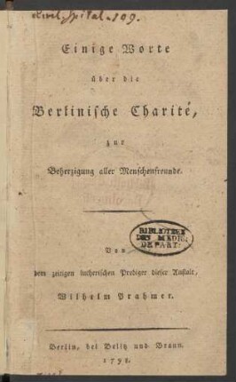 Einige Worte über Berlinische Charité : zur Beherzigung aller Menschenfreunde