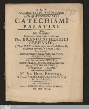 Commentatio Theologica Ad Qvæstionem LXXX. Catechismi Palatini