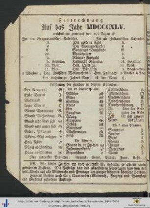 Zeitrechnung auf das Jahr 1845.