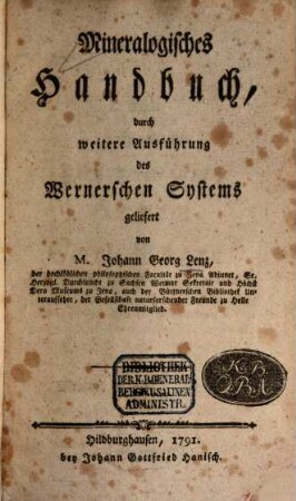 Mineralogisches Handbuch : durch weitere Ausführung des Wernerschen Systems