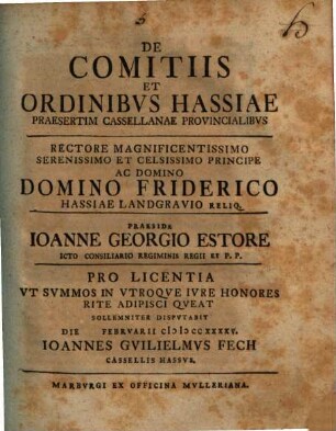 De comitiis et ordinibus Hassiae, praesertim Cassellanae, provincialibus