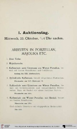 I. Auktionstag: Mittwoch, 23. Oktober (Nr. 1-137)