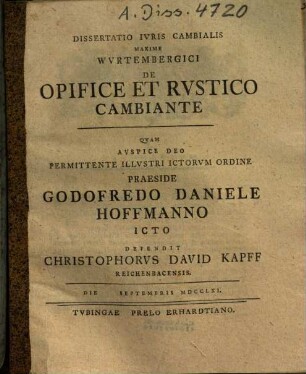 Dissertatio iuris cambialis, maxime Wurtembergici de opifice et rustico cambiante