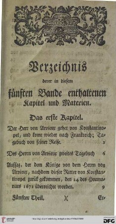 Verzeichnis derer in diesem fünften Bande enthaltenen Kapitel und Materien. Das erste Kapitel