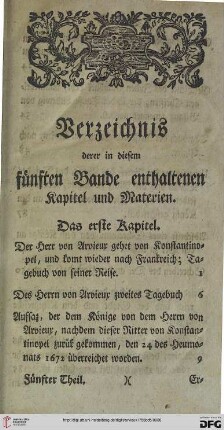 Verzeichnis derer in diesem fünften Bande enthaltenen Kapitel und Materien. Das erste Kapitel